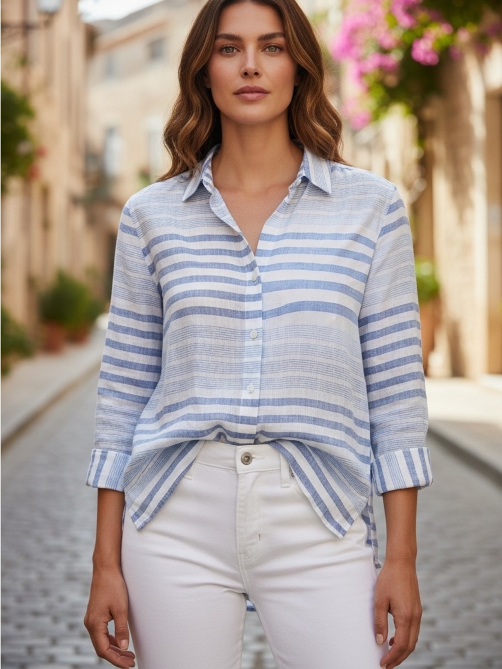 NWT Light Blue 100% Linen Striped Button Down Shirt